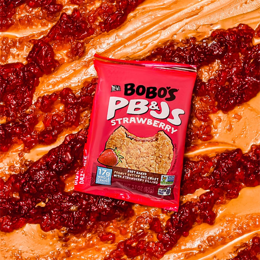 Bobos Strawberry PB&J oat bar nutrition panel highlights balanced carbs for everyday energy.