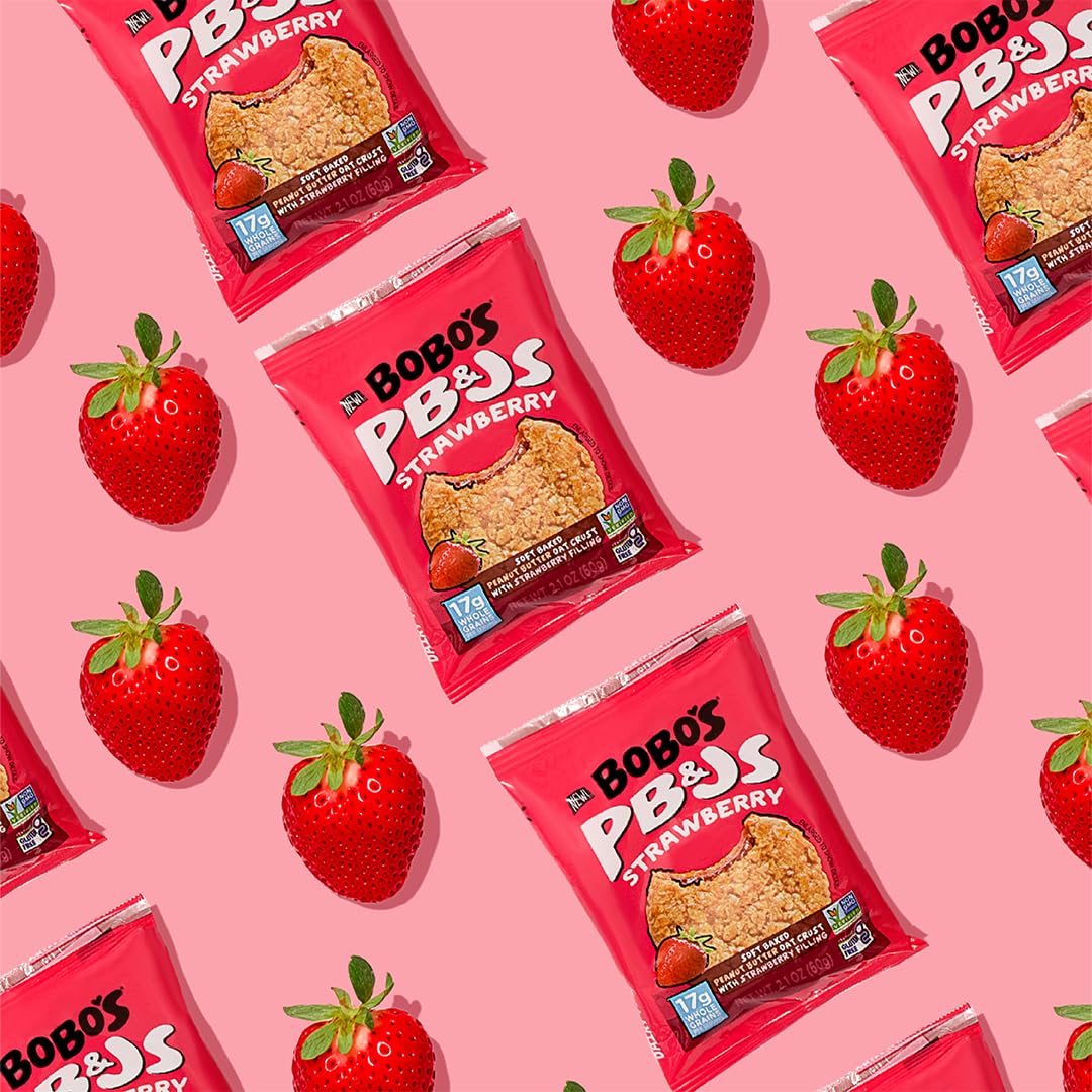 Bobos Strawberry PB&J oat bar on-the-go, pantry-friendly and individually wrapped.