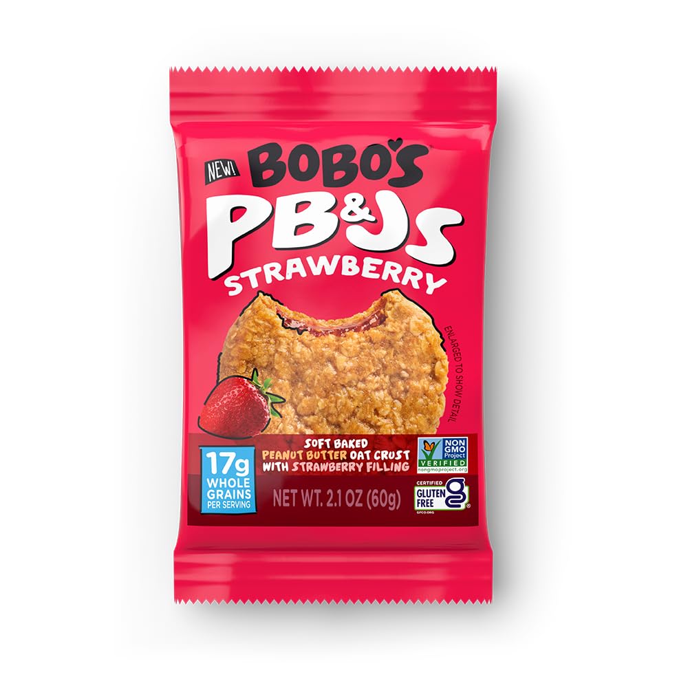 Bobos Strawberry PB&J oat bar packaging showcases a gluten-free, ready-to-take snack.