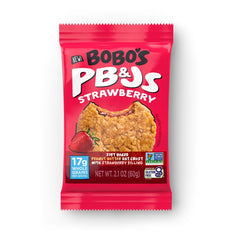 Bobos Strawberry PB&J oat bar packaging showcases a gluten-free, ready-to-take snack.