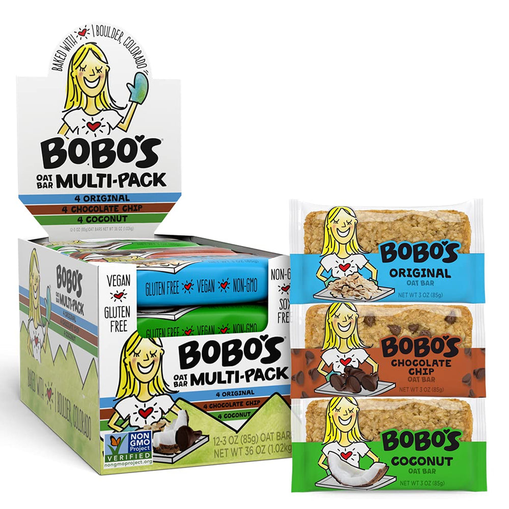 Bobo's Variety Pack Oat Bars on a kitchen counter, ideal for on-the-go breakfasts