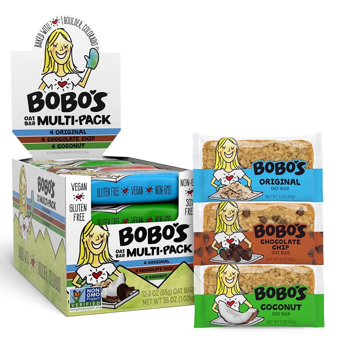 Bobo's Variety Pack Oat Bars on a kitchen counter, ideal for on-the-go breakfasts