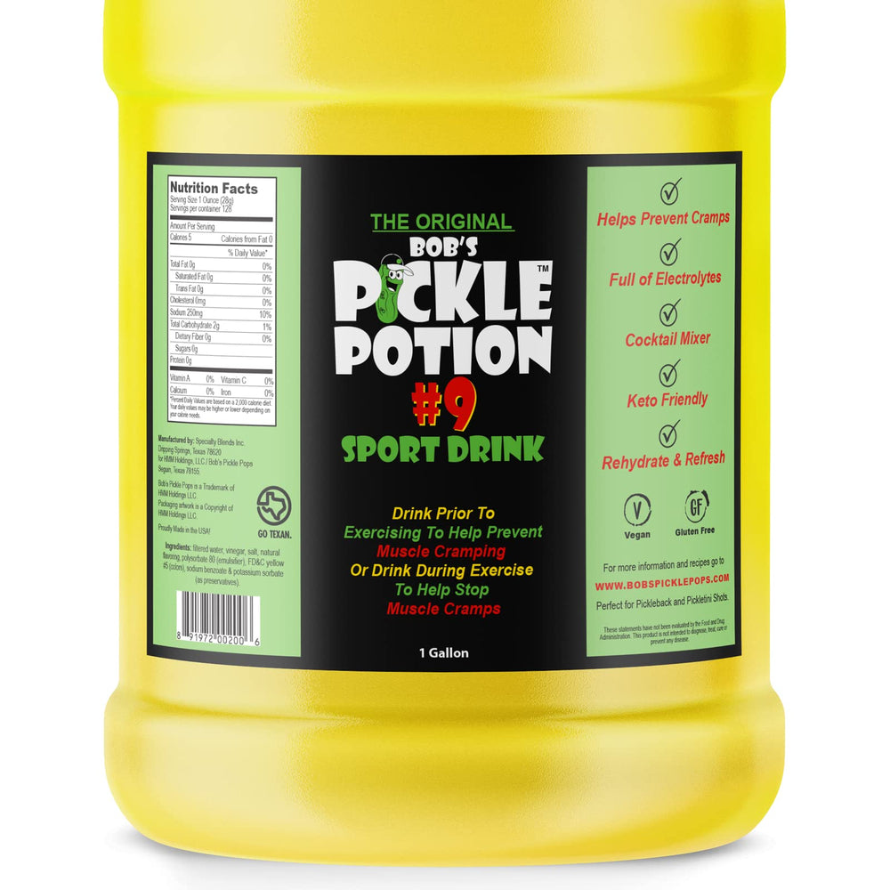 Bob's Pickle Potion side view emphasizes energy-replenishing electrolytes for workouts.