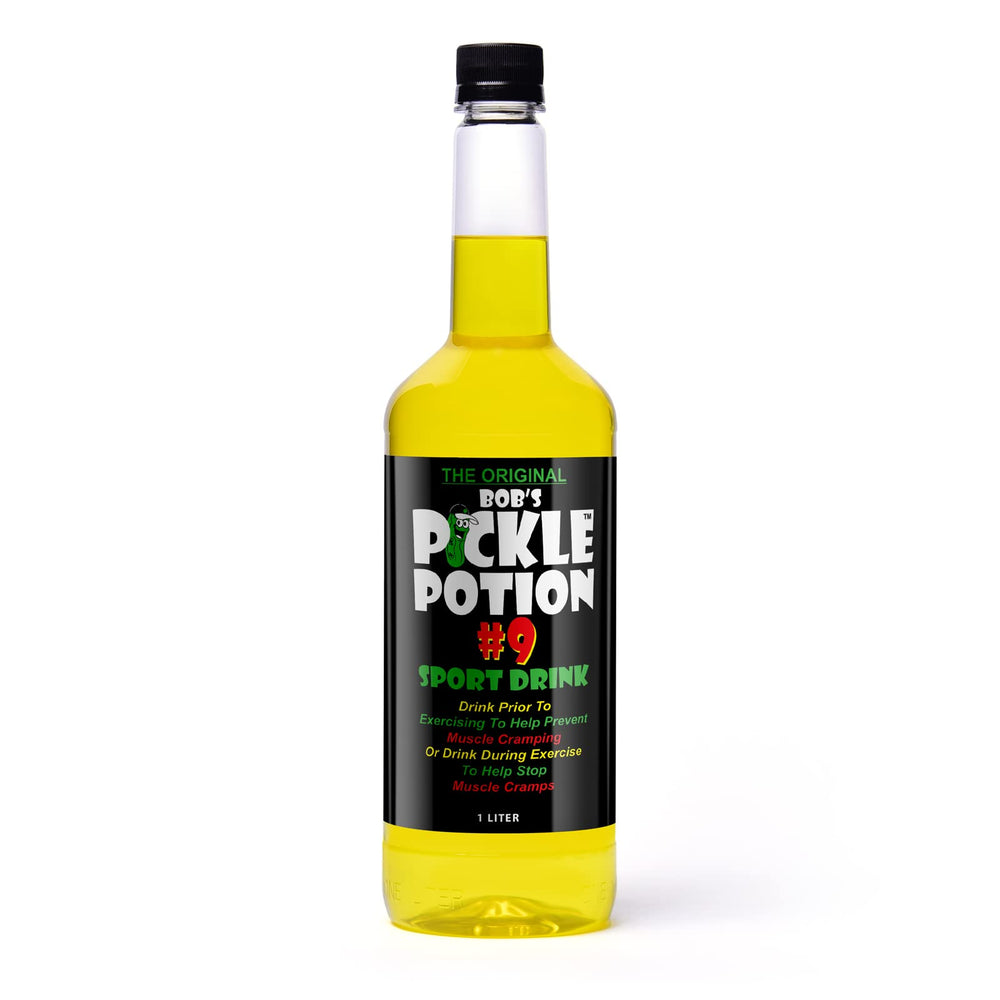 Bob's Pickle Potion #9 dill juice bottle for refreshing hydration after workouts.