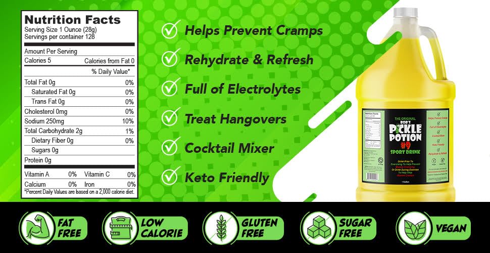 Bob's Pickle Potion #9 gallon label showing keto-friendly hydration option for active days.