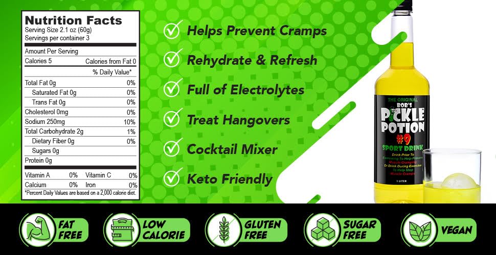 Close-up of Bob's Pickle Potion #9 dill juice label showing dill and cucumber flavors.