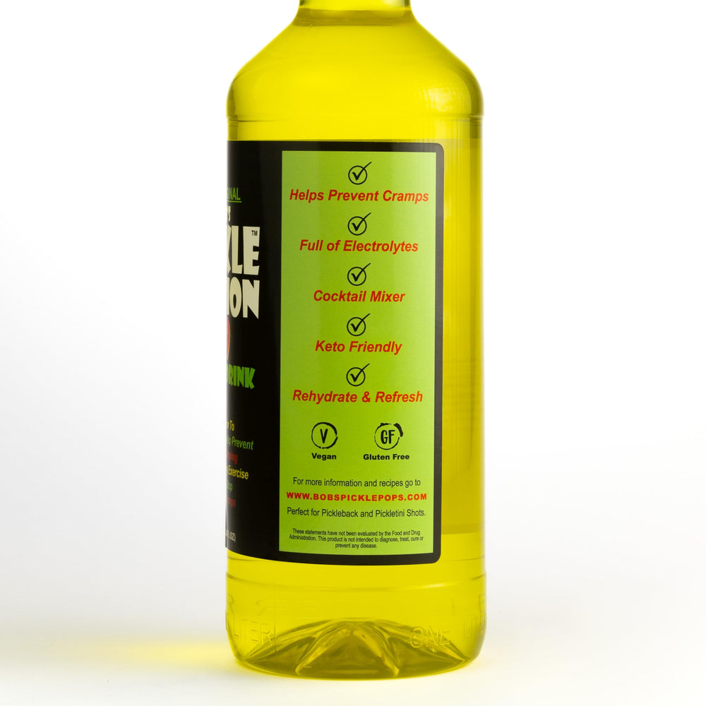 Keto-friendly Bob's Pickle Potion #9 dill juice packaging highlights low-carb hydration option.