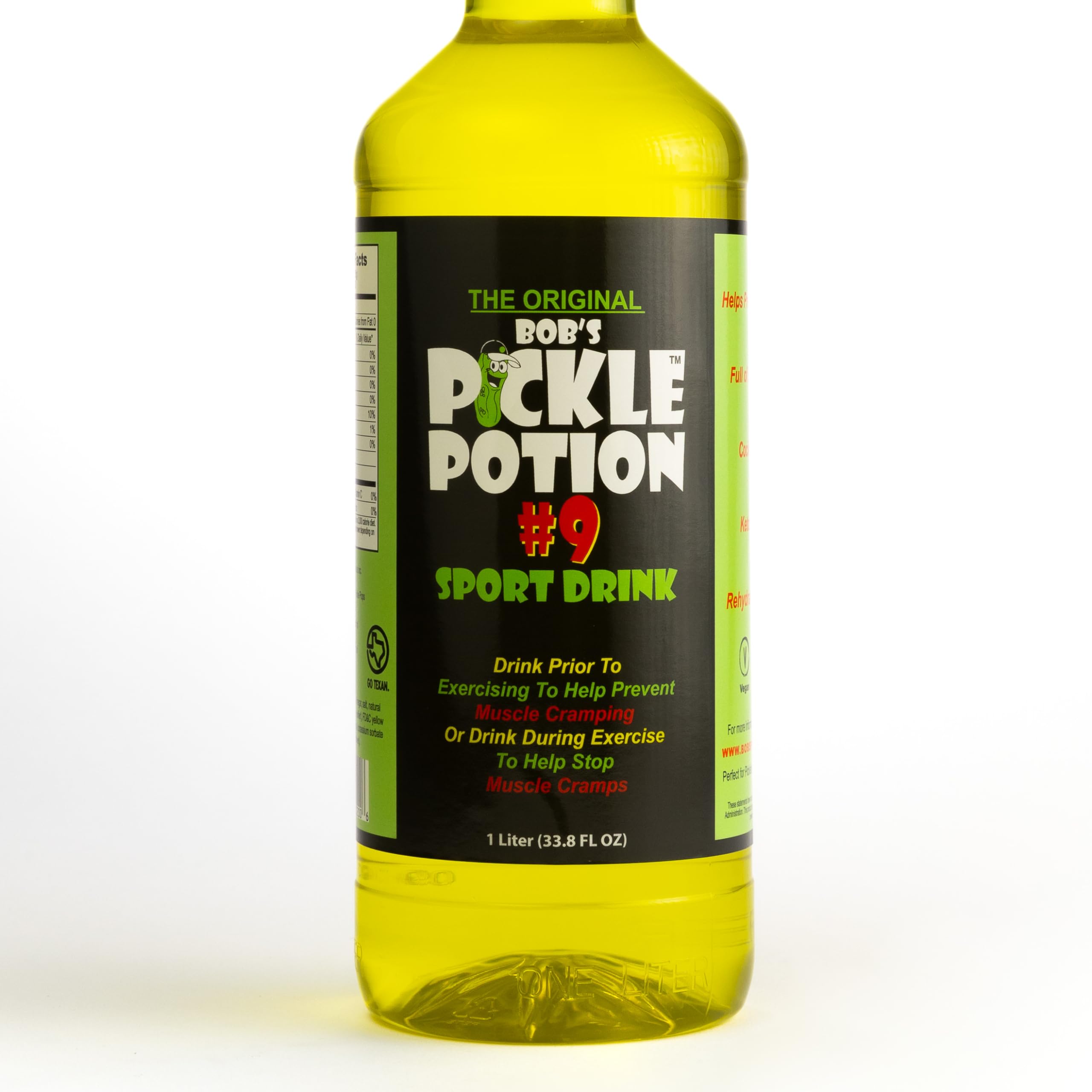 One-liter Bob's Pickle Potion #9 dill juice packaging on a sports setup display.