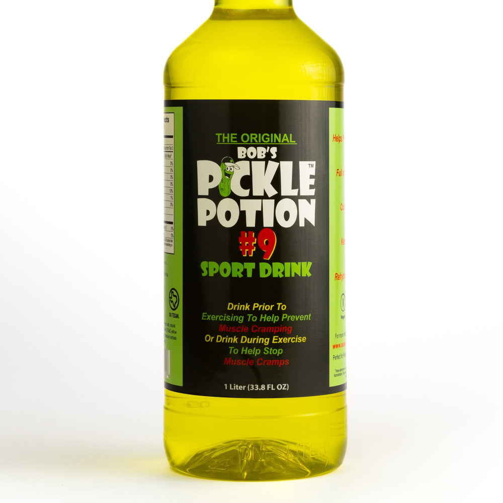 One-liter Bob's Pickle Potion #9 dill juice packaging on a sports setup display.