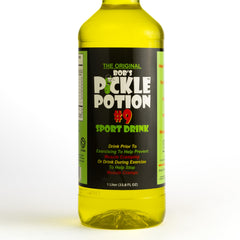 One-liter Bob's Pickle Potion #9 dill juice packaging on a sports setup display.