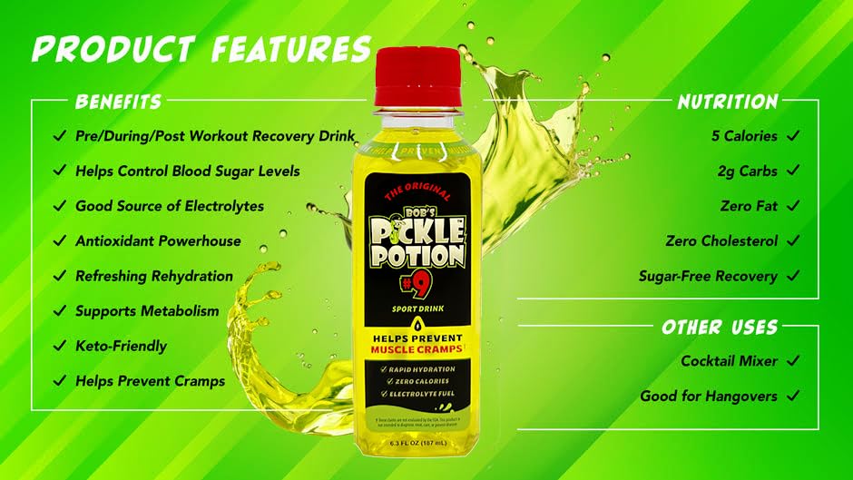 Bob's Pickle Potion #9 zero sugar formula supports electrolyte replenishment.