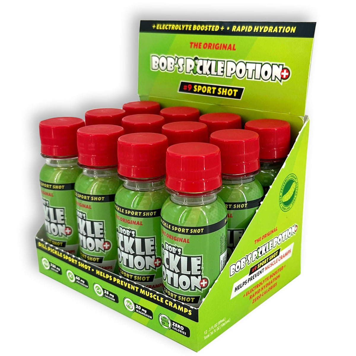 Bob's Pickle Potion Plus 9 sport shot dill flavor supports hydration and quick electrolyte balance.