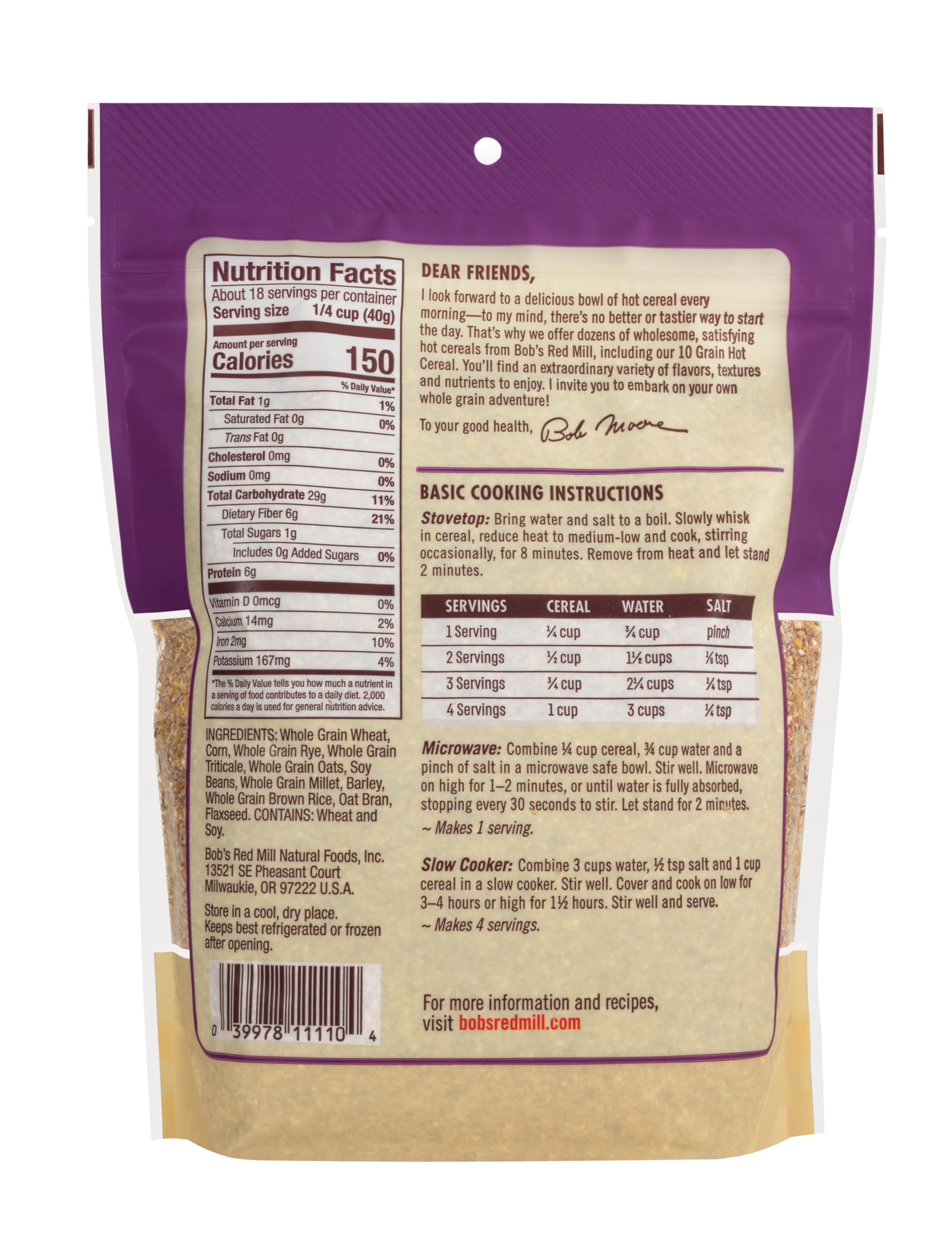Bob's Red Mill 10 Grain Hot Cereal bowl of cereal ready for a fiber-rich breakfast.