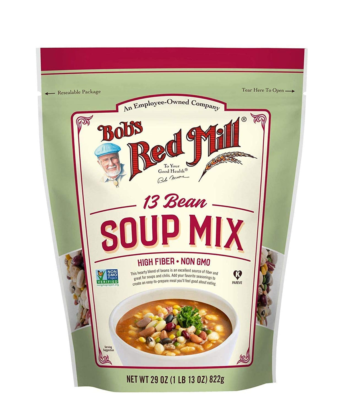 Bob's Red Mill 13 Bean Soup Mix packaging shown as a convenient non-GMO pantry staple