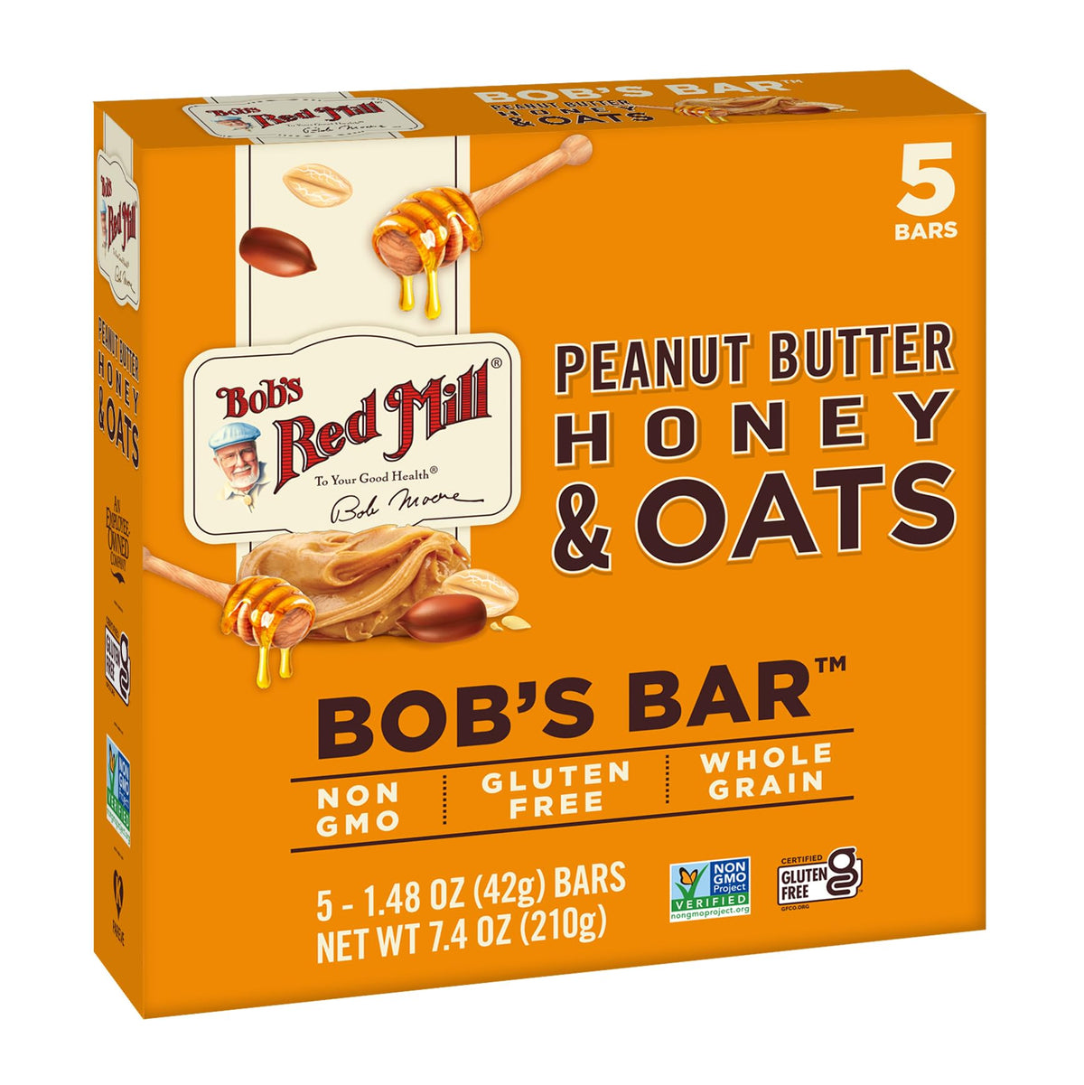 Bob's Red Mill 5pk PB Honey & Oats Bar front view for grab-and-go snacking
