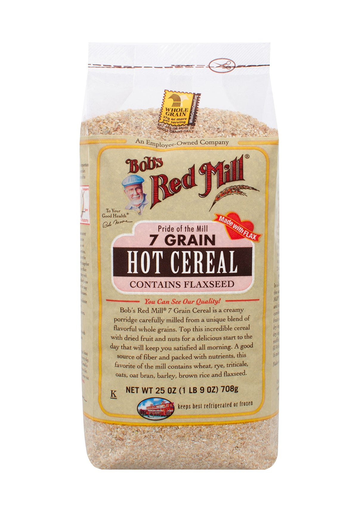 Bob's Red Mill 7 Grain Cereal pack on a kitchen counter, a fiber-rich breakfast option.