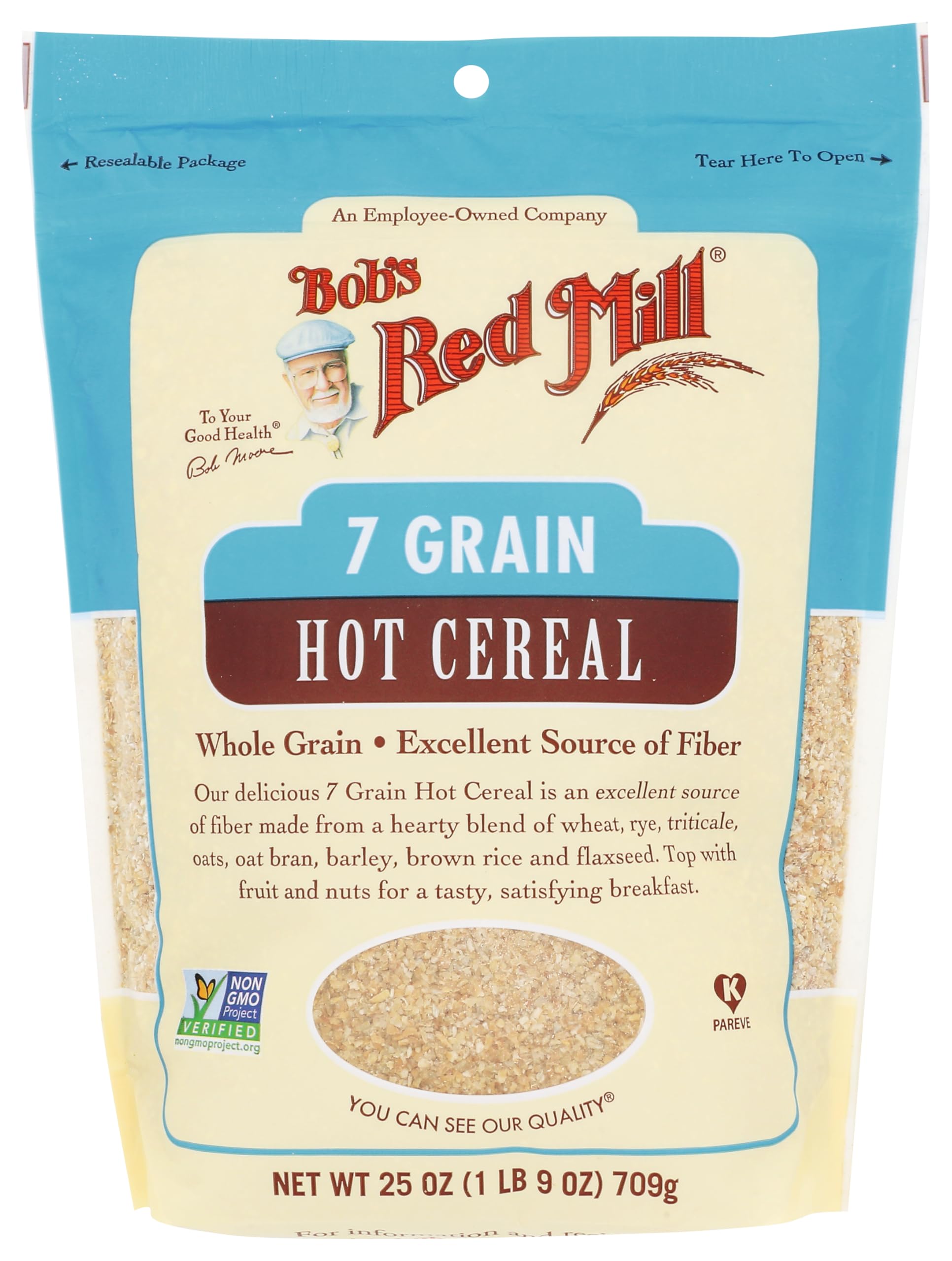Bob's Red Mill 7 Grain Hot Cereal packaging shows wholesome multigrain breakfast.