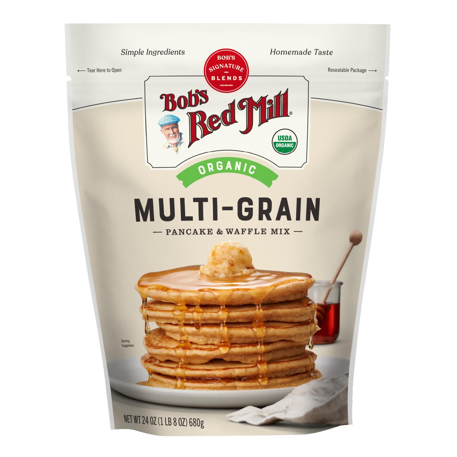 Bob's Red Mill 7 Grain Pancake Mix is poured for a hearty breakfast.