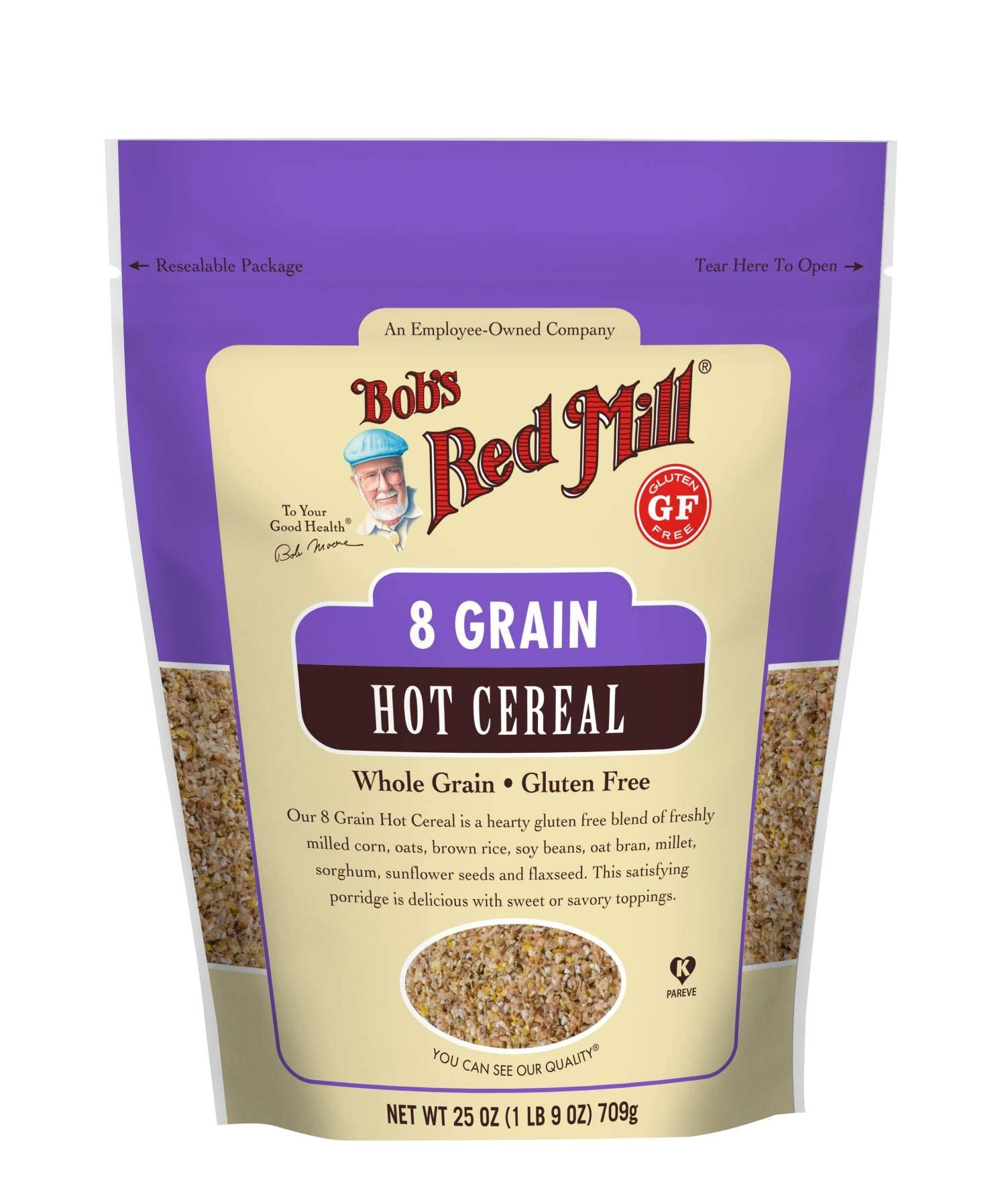 Bob's Red Mill 8 Grain Gluten Free cereal pack shot shows a 27oz container for easy mornings.