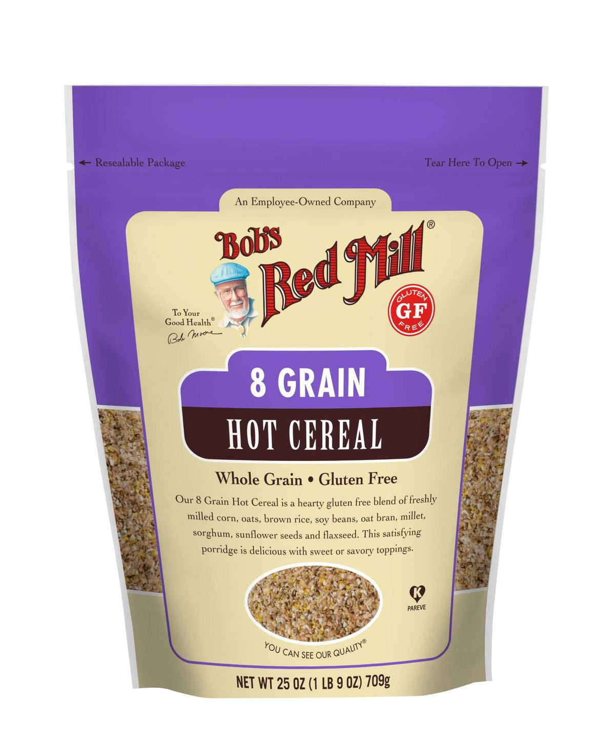 Bob's Red Mill 8 Grain Gluten Free cereal pack shot shows a 27oz container for easy mornings.