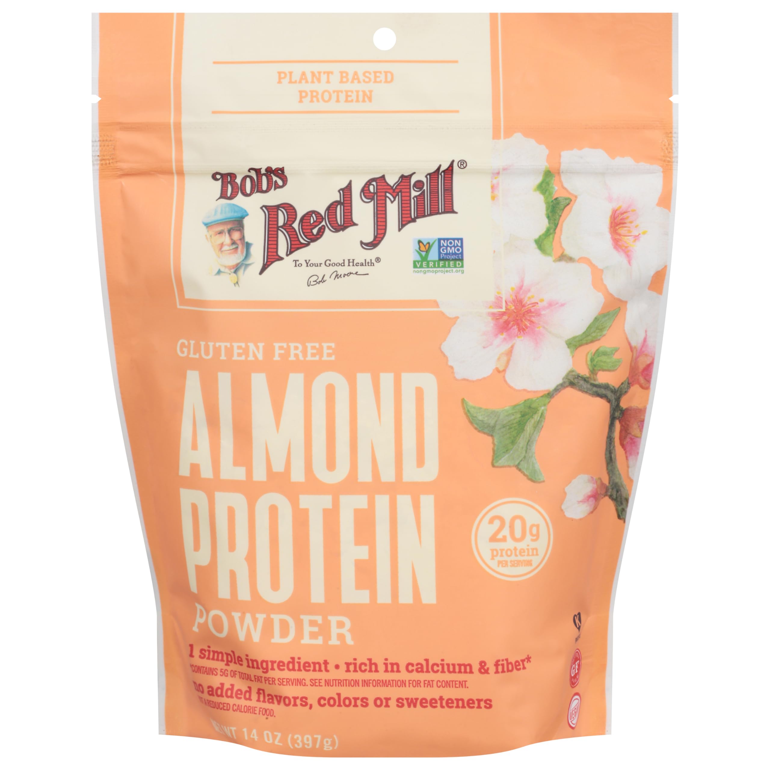 Bob's Red Mill Almond Protein Powder bottle close-up, rich texture ideal for smoothies.