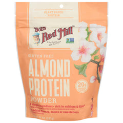 Bob's Red Mill Almond Protein Powder bottle close-up, rich texture ideal for smoothies.