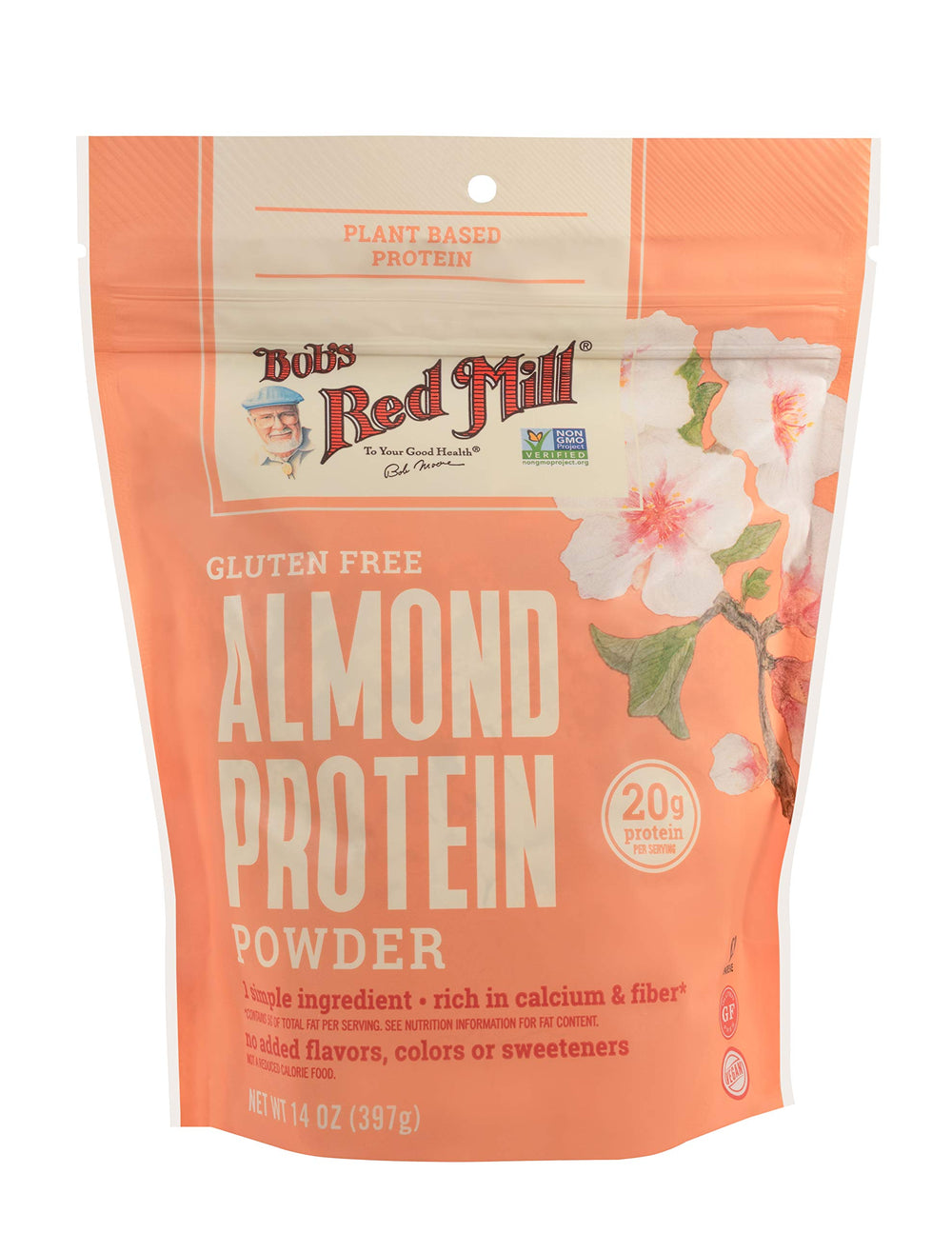 Bob's Red Mill Almond Protein Powder scoop dip, ready to mix into shakes.