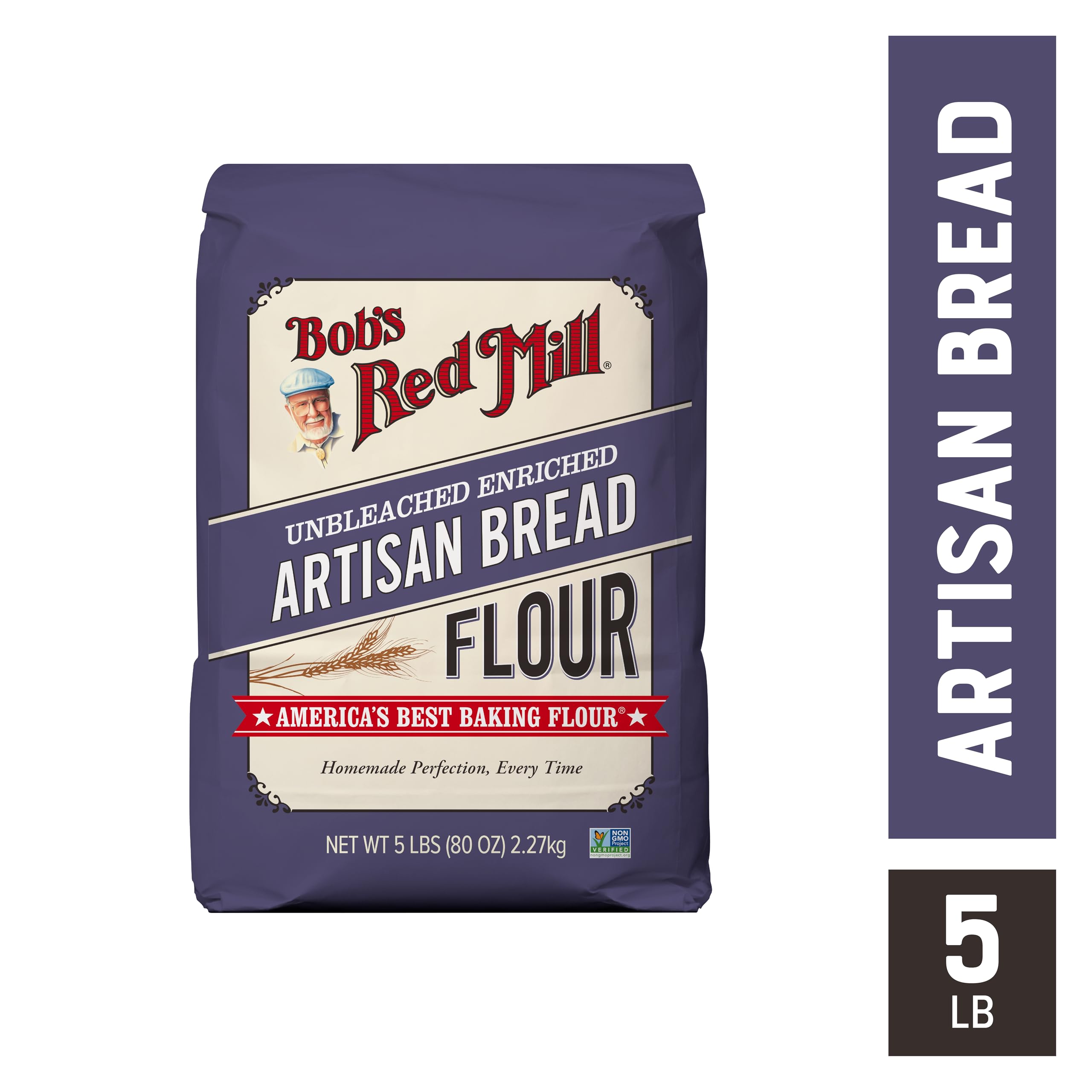 Bob's Red Mill Artisan Bread Flour bag front with unbleached vegan attributes.