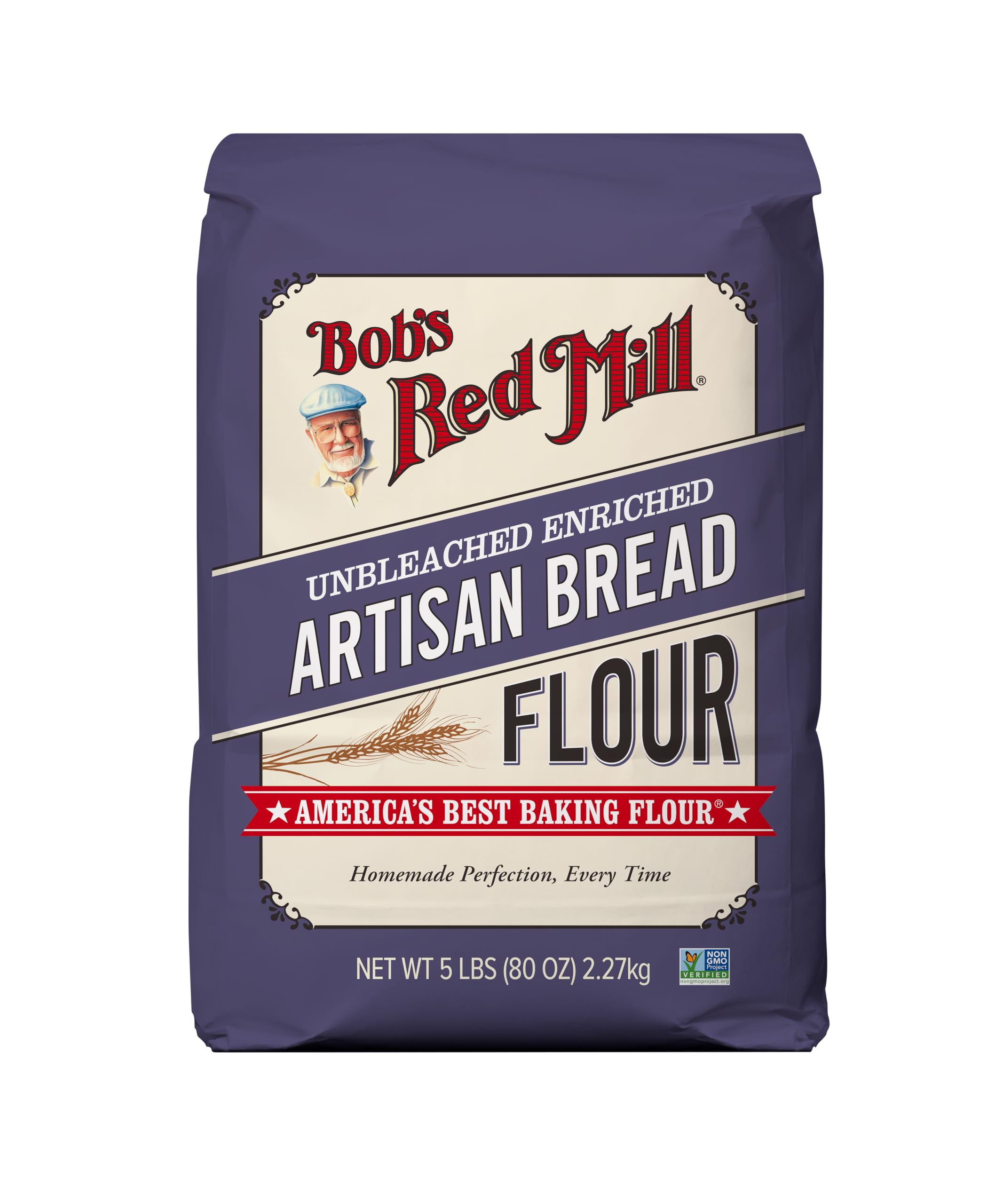 Bob's Red Mill Artisan Bread Flour 5lb bag on a countertop for sourdough.