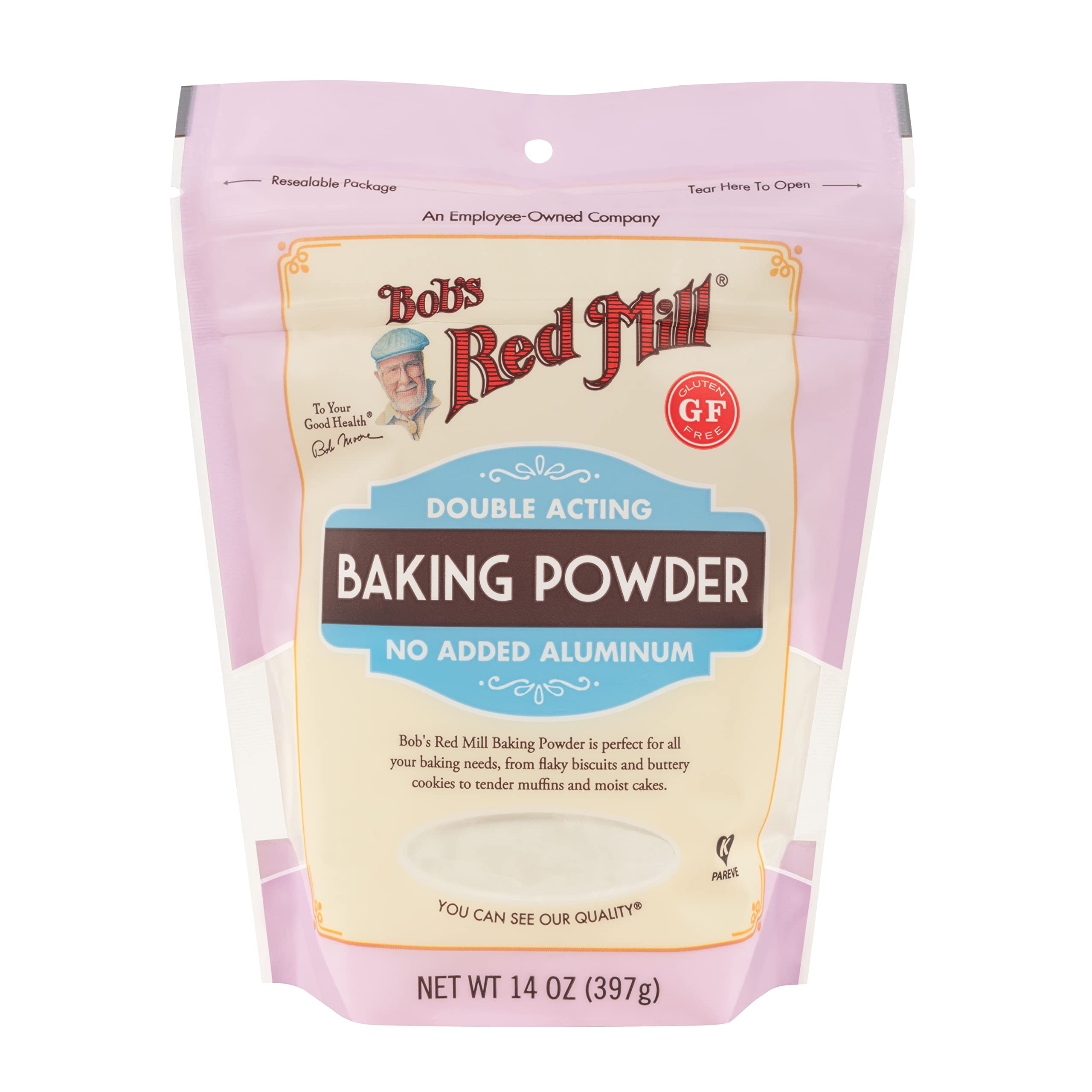 Bob's Red Mill baking powder canister shows reliable rise for cakes.