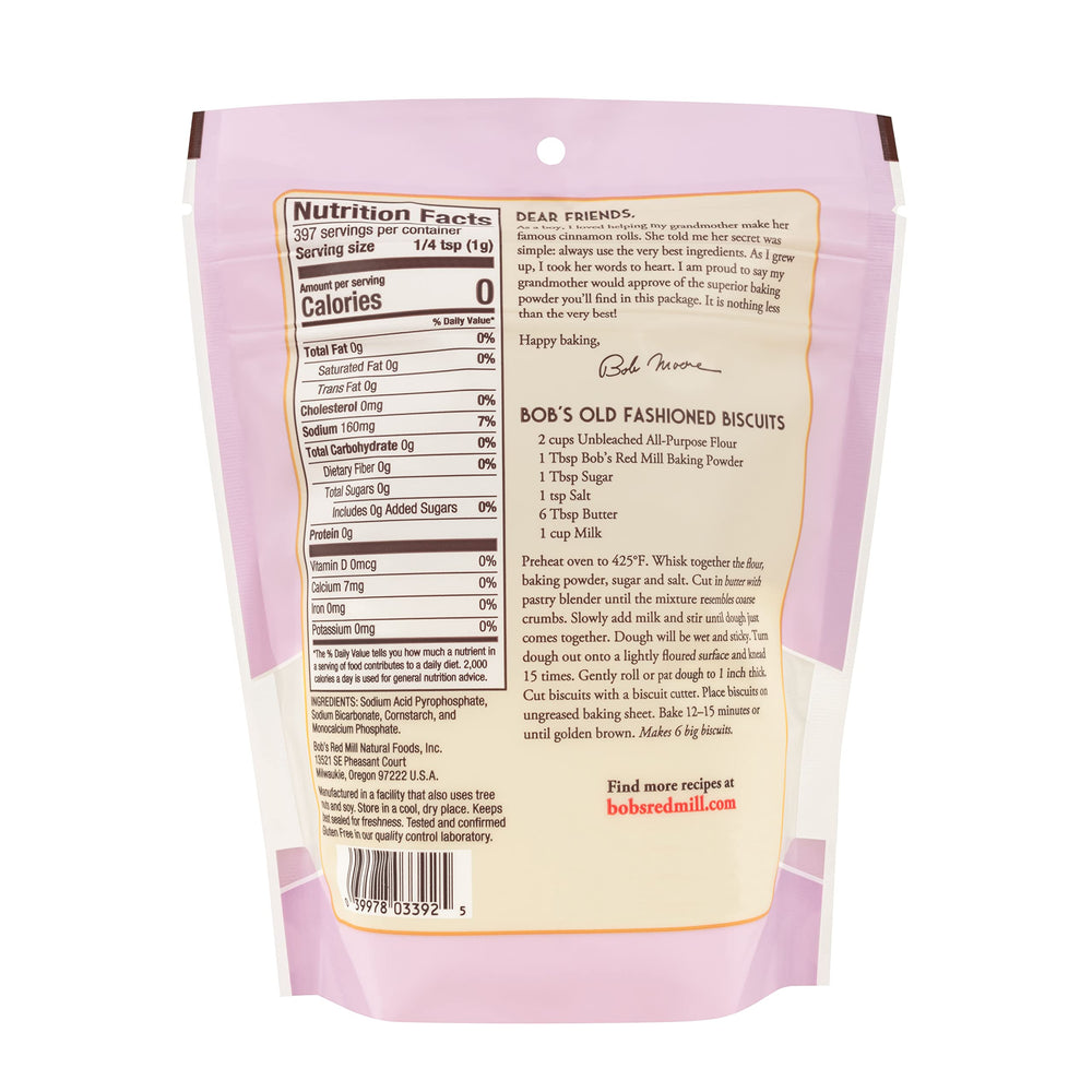 Close-up of Bob's Red Mill baking powder label for precise baking.