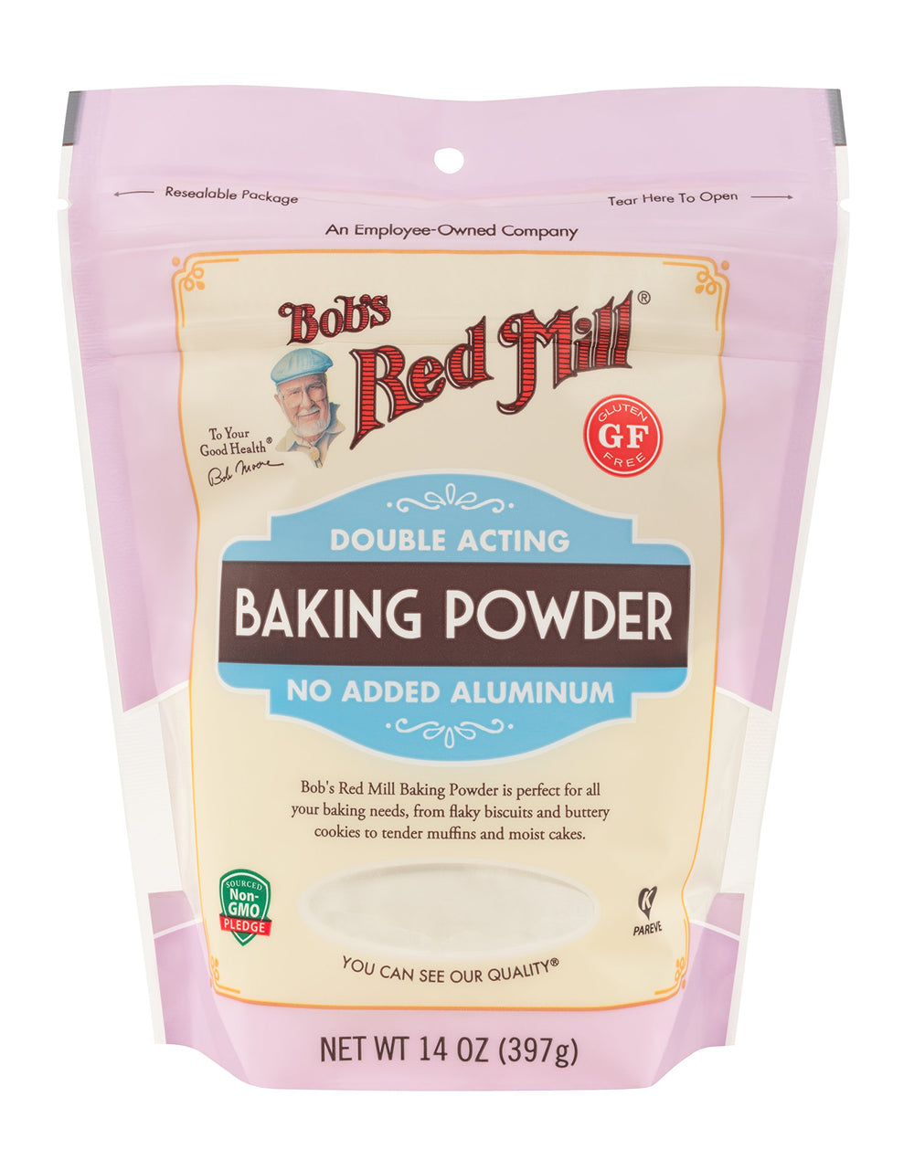 Bob's Red Mill Baking Powder packaging highlighting gluten-free vegan formula.