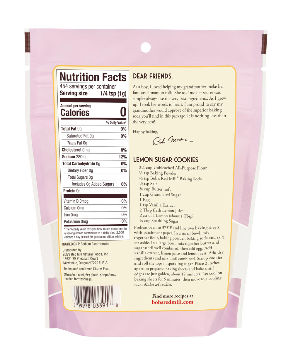 Bob's Red Mill baking soda four-pack label close-up showing ingredients.