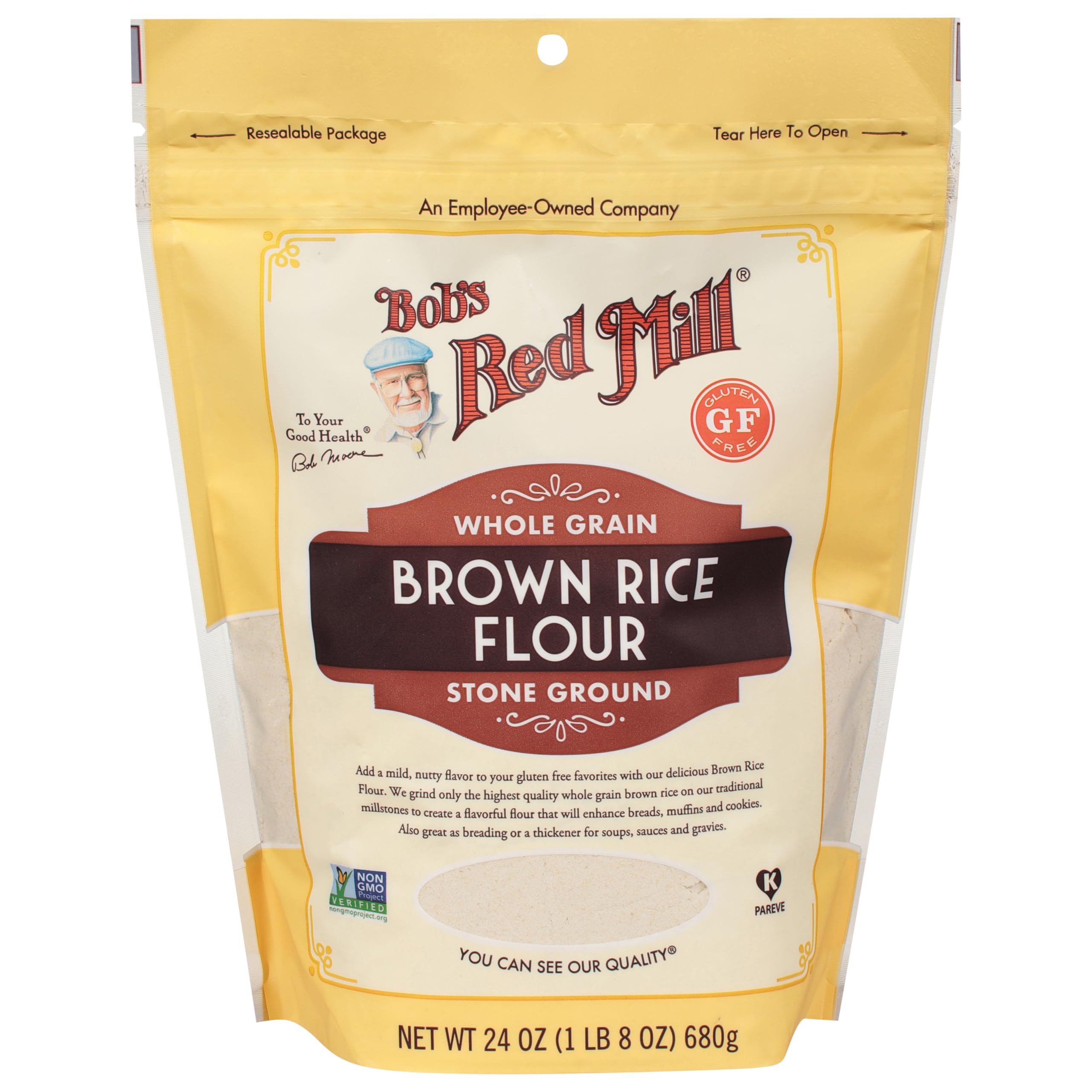 Close-up of Bob's Red Mill Brown Rice Flour texture showing fine grind for smooth batters
