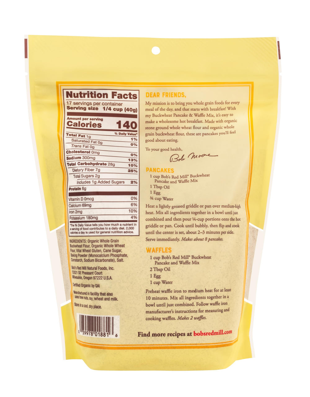 Bowl pouring buckwheat pancake batter with Bob's Red Mill mix for easy weekend brunch.