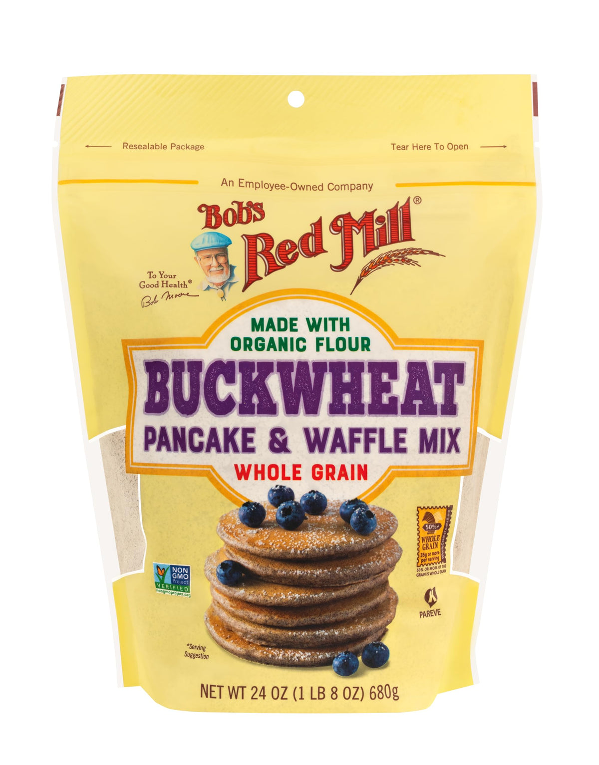 Box front of Bob's Red Mill Buckwheat Pancake Mix highlights wholesome ingredients for a hearty breakfast.
