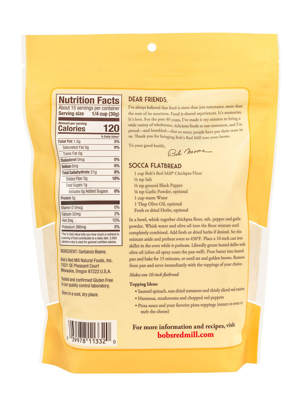 Close-up of Bob's Red Mill Chickpea Flour bag with nutty aroma