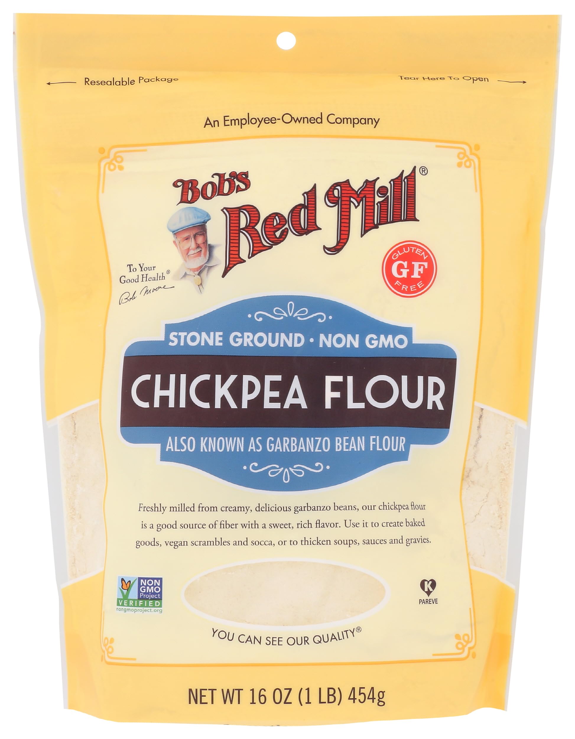 Bob's Red Mill Chickpea Flour bag closeup showing gluten-free versatility for cooking