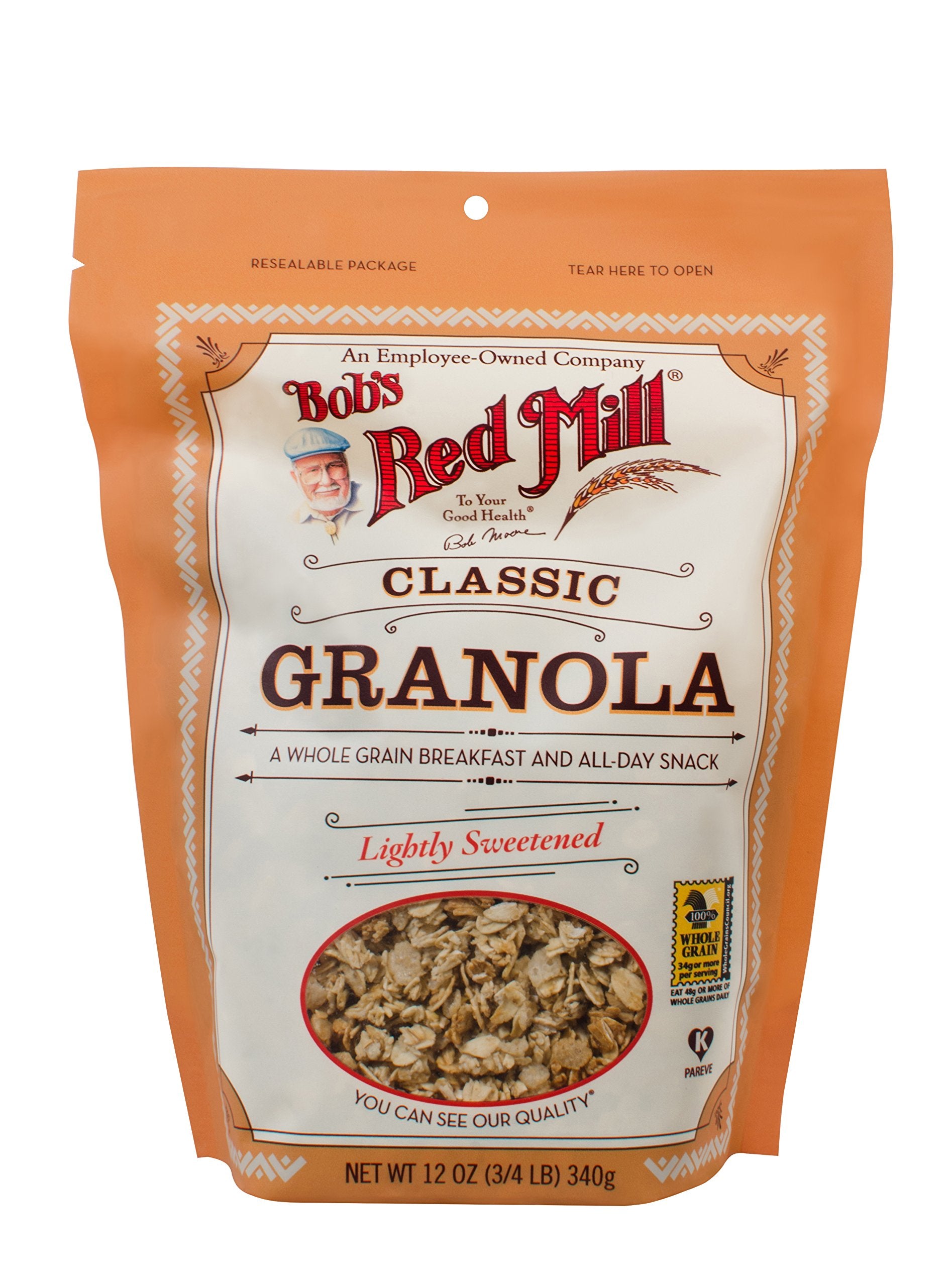 Open bag of Classic Granola showing whole grain oats and golden crunch.