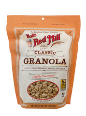 Open bag of Classic Granola showing whole grain oats and golden crunch.