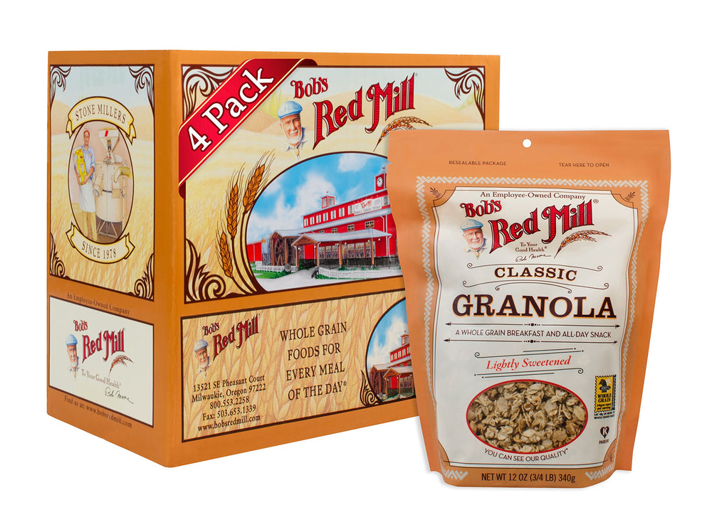 Bob's Red Mill Classic Granola in a bowl with crunchy clusters for a high-fiber breakfast.