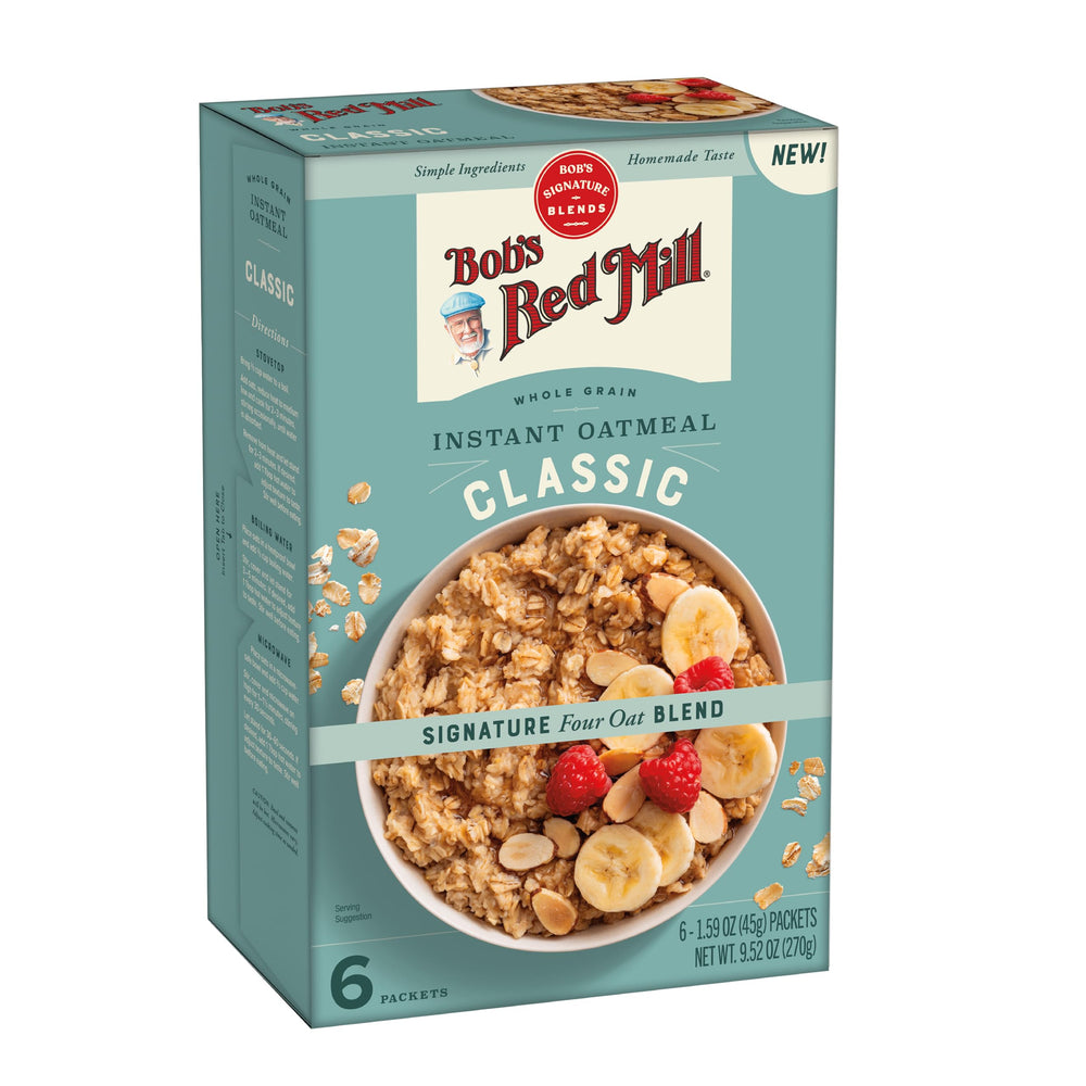 Bob's Red Mill Classic Instant Oatmeal packets box front for a quick, wholesome breakfast.