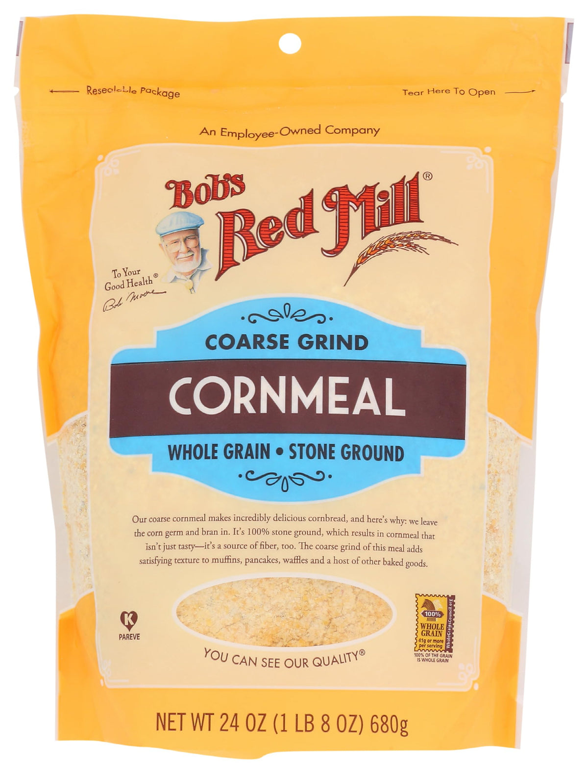 Bob's Red Mill coarse grind cornmeal in a resealable bag ready for baking
