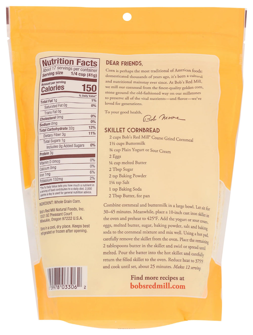 Bob's Red Mill cornmeal close-up texture showing hearty coarse granules