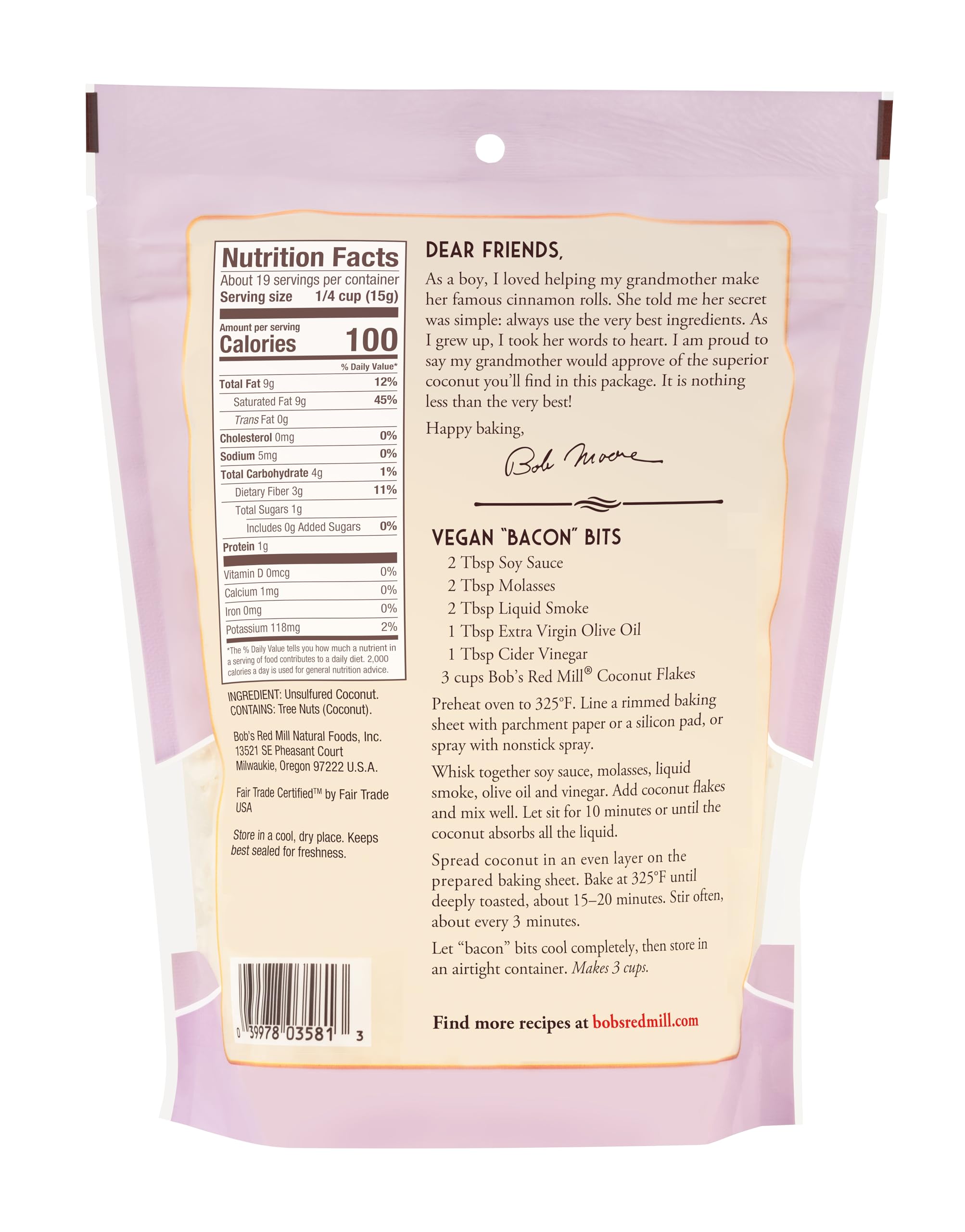 Bob's Red Mill coconut flakes in a bowl, ideal for snacking or baking.