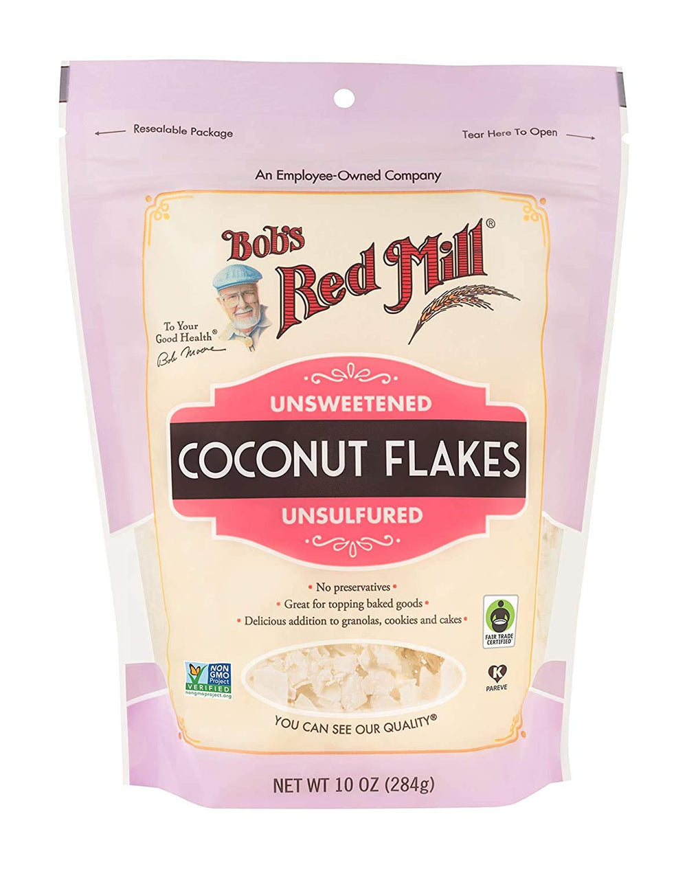 Close-up of Bob's Red Mill coconut flakes showing large pieces for toasting