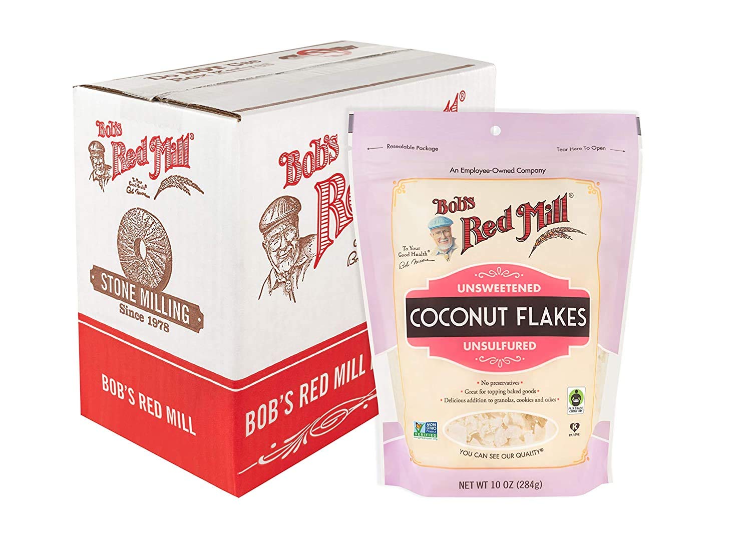 Bob's Red Mill unsweetened coconut flakes in resealable bag ready for everyday topping