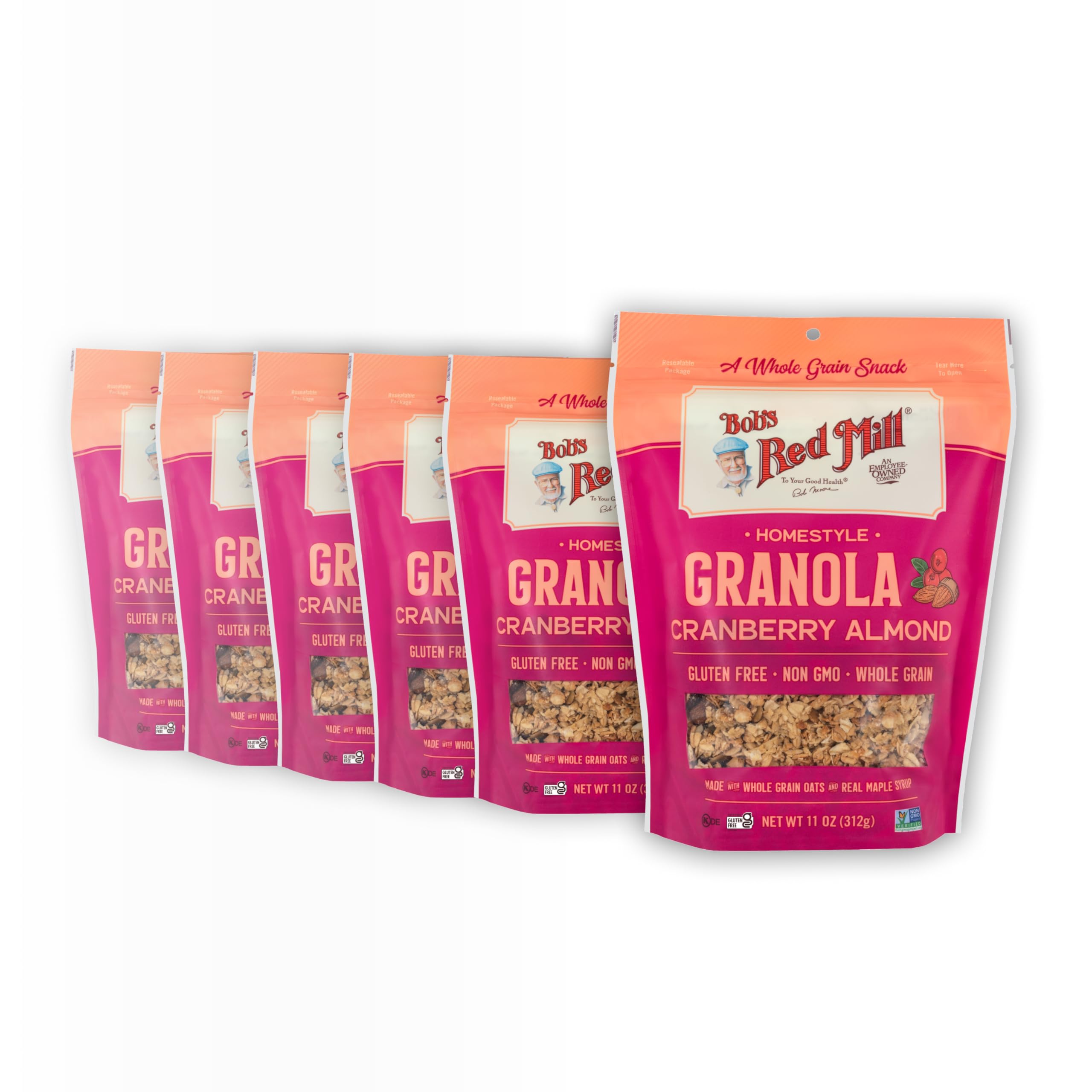 Bob's Red Mill Cranberry Almond Granola pack shot; quick, on-the-go breakfasts.