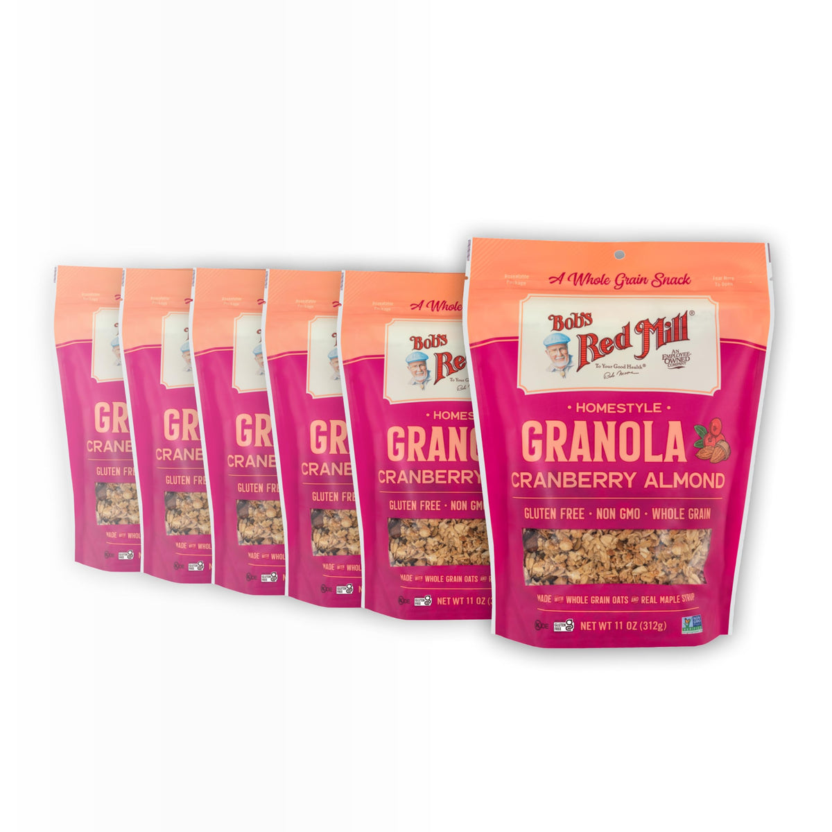 Bob's Red Mill Cranberry Almond Granola pack shot; quick, on-the-go breakfasts.