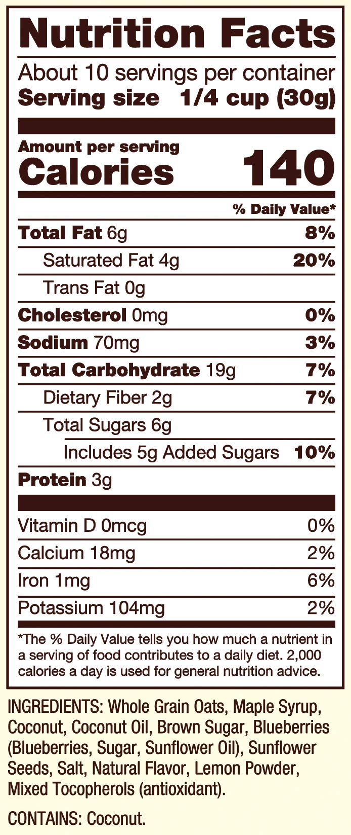 Close-up of toasted coconut and sunflower seeds in Bob's Red Mill granola